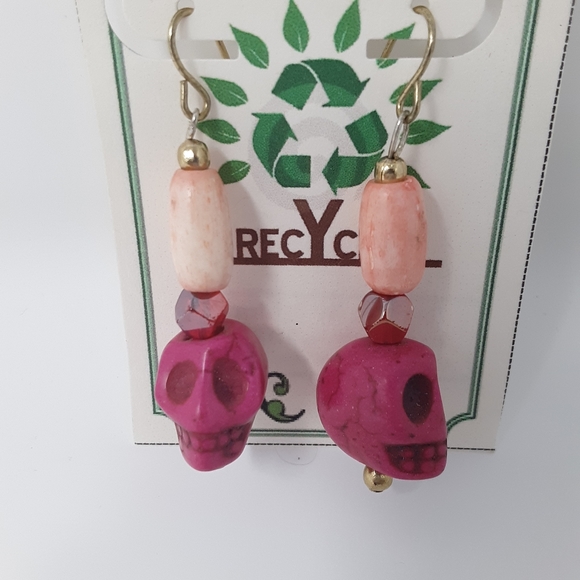 Handmade Pink Skull Earrings With Repurposed Beads - Picture 2 of 8